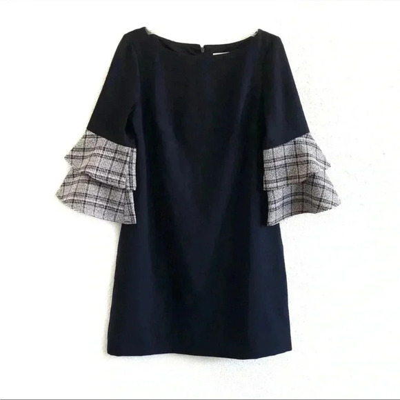 Eliza J Contrast Ruffled Bell Sleeve Shift Navy Dress Sz 2 - Picture 1 of 7